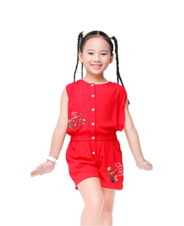 Jumpsuit Cho Bé Gái Thêu Chậu Hoa